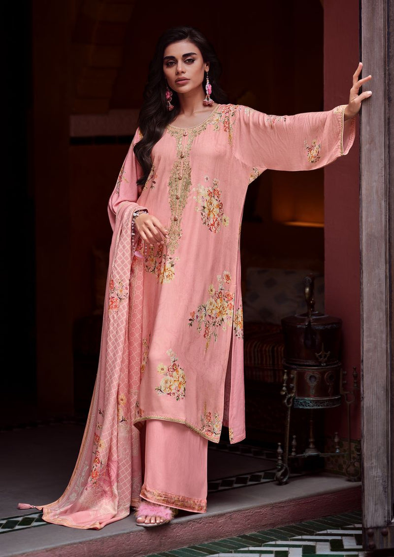 Salmon pink floral kurta set with embroidery