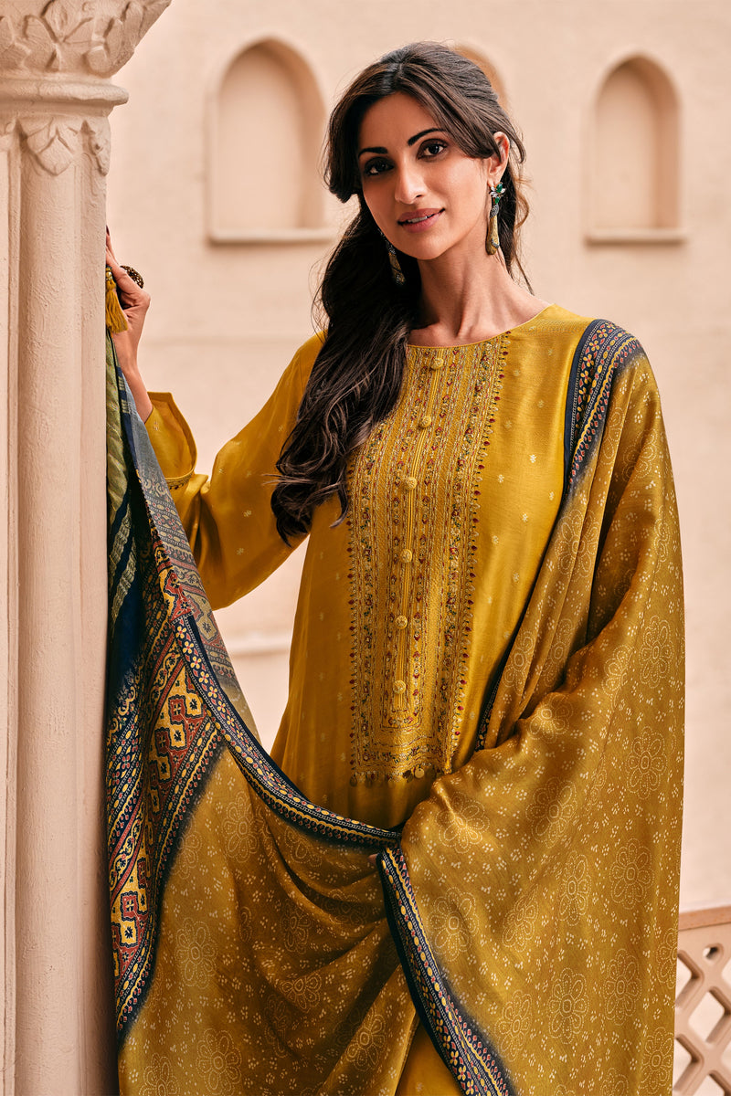 Mustard kurta set with ajrakh dupatta