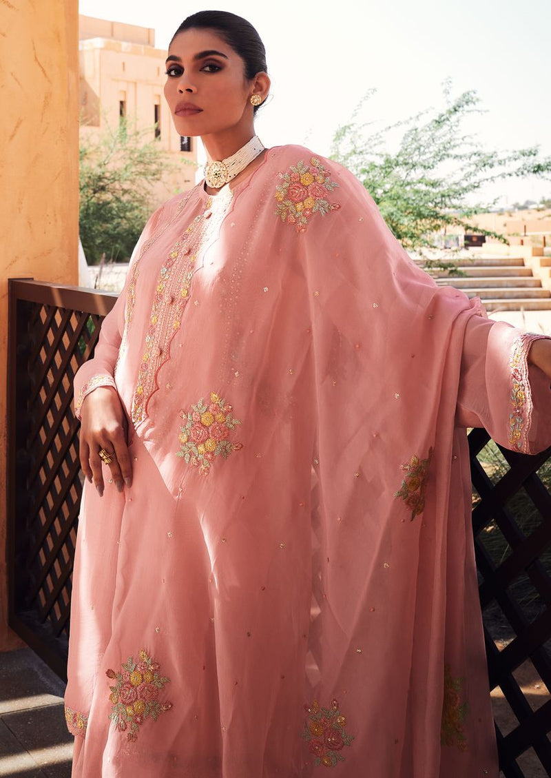 Peony pink organza embroidered kurta set