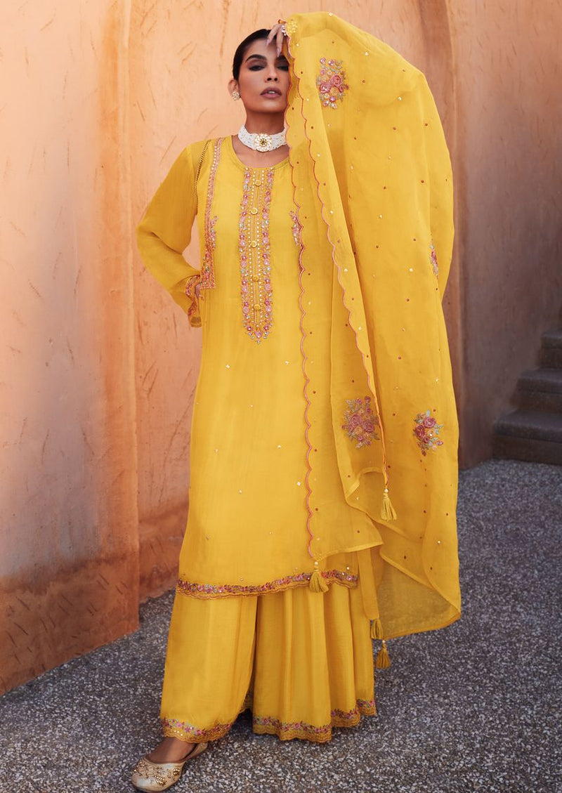 Sunshine yellow organza embroidered kurta set