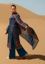 Royal blue printed kurta set in satin
