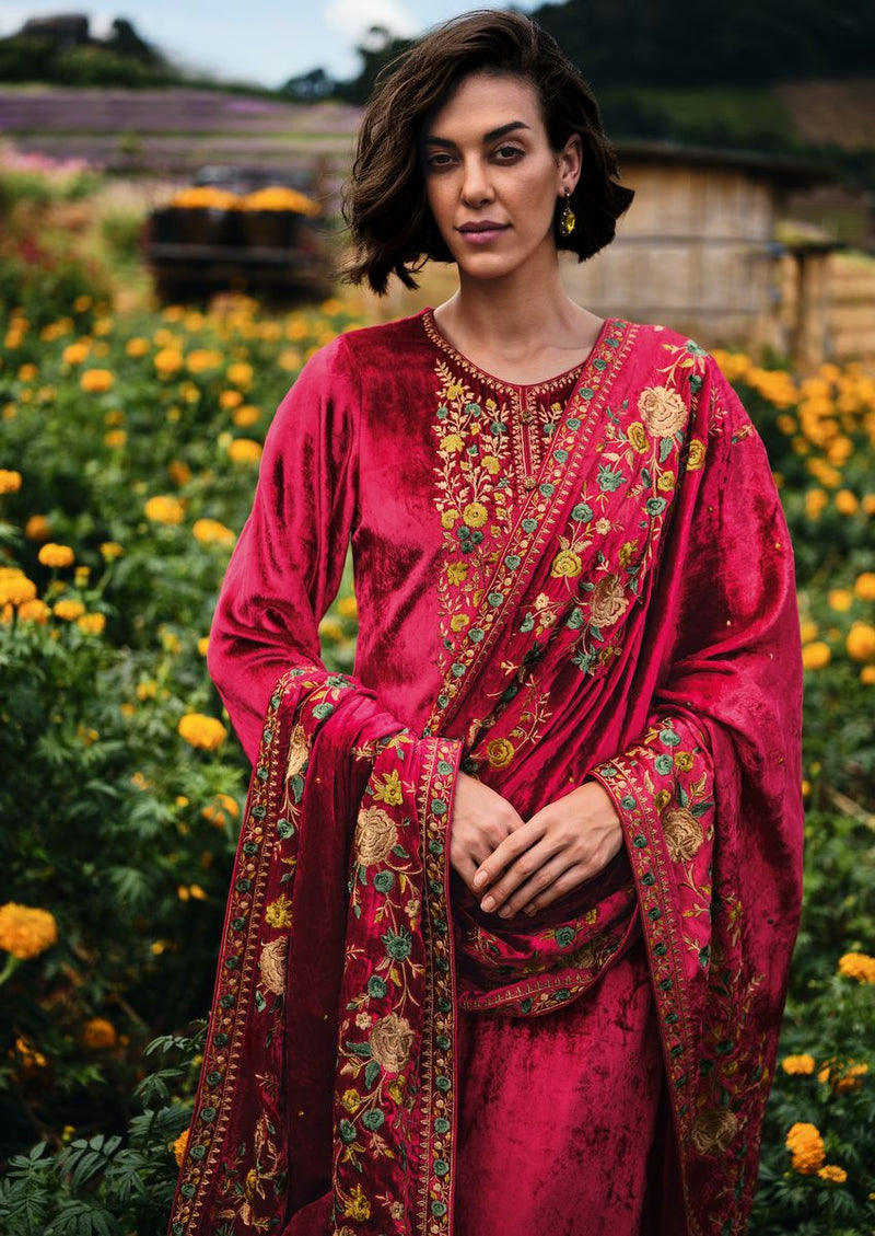 Ruby red kurta set with parsi embroidery