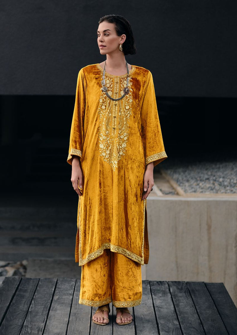 Golden yellow pheran style kurta set